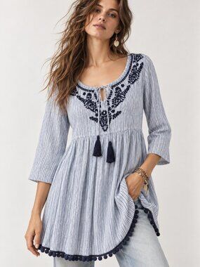 RUBYYAYA Blue White Embroidered Striped Boho Tunic Top Large